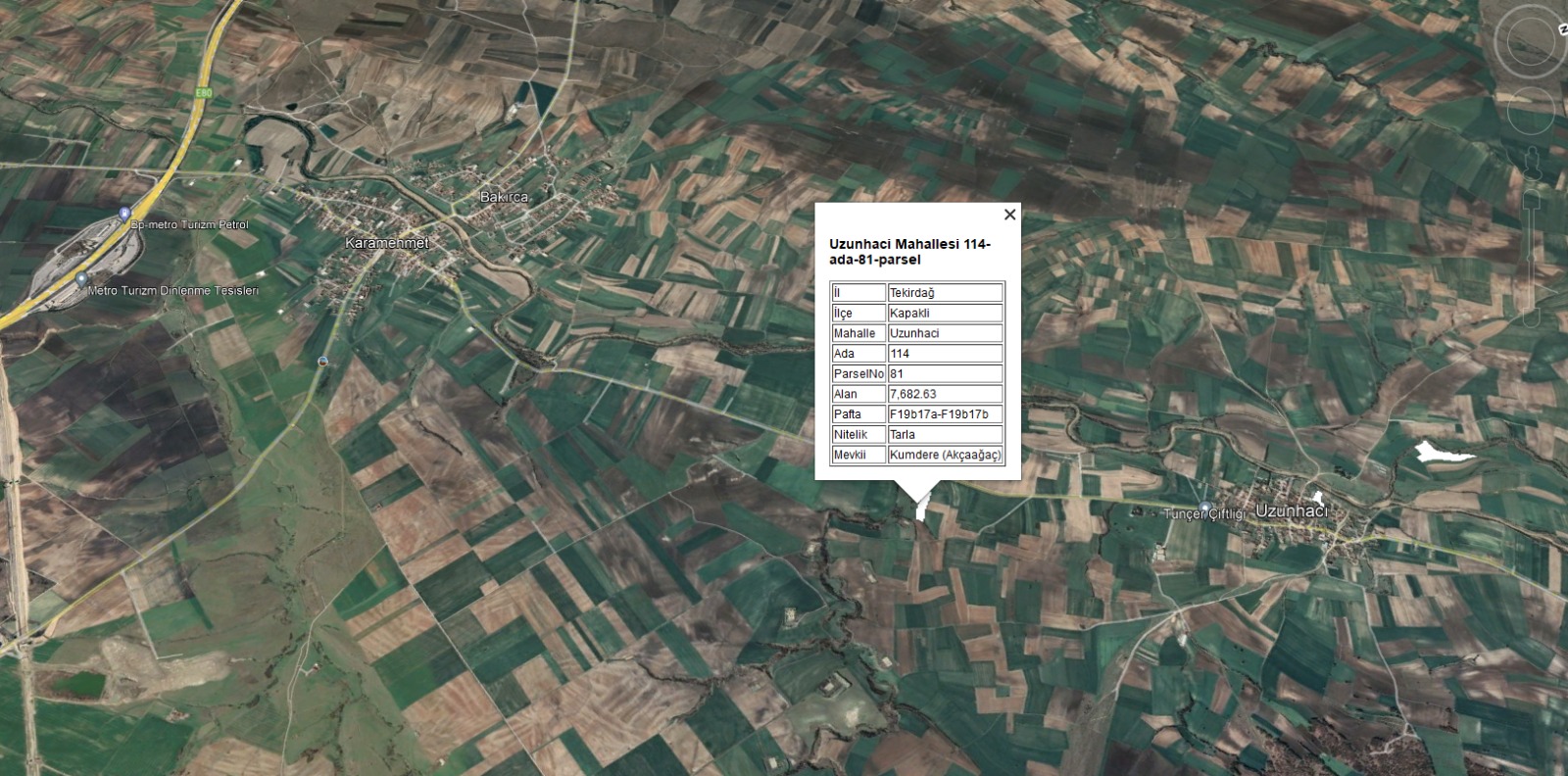 Kapaklı Uzunhacı Karamehmet Arası asfalta 110 mt mesafede Satılık Tarla 7682 m²